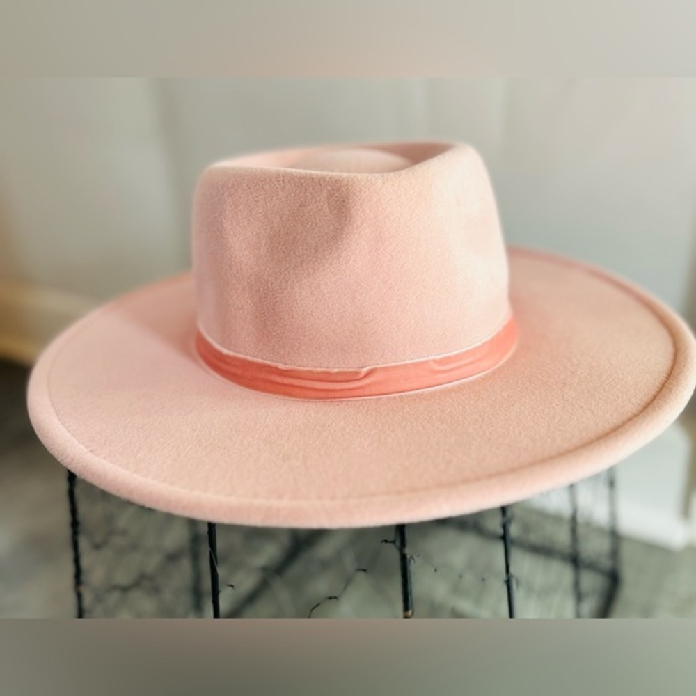 Unbranded Pink Polyester Felt Wide Brim Fedora Hat M/L Flat Crown Boater Boho